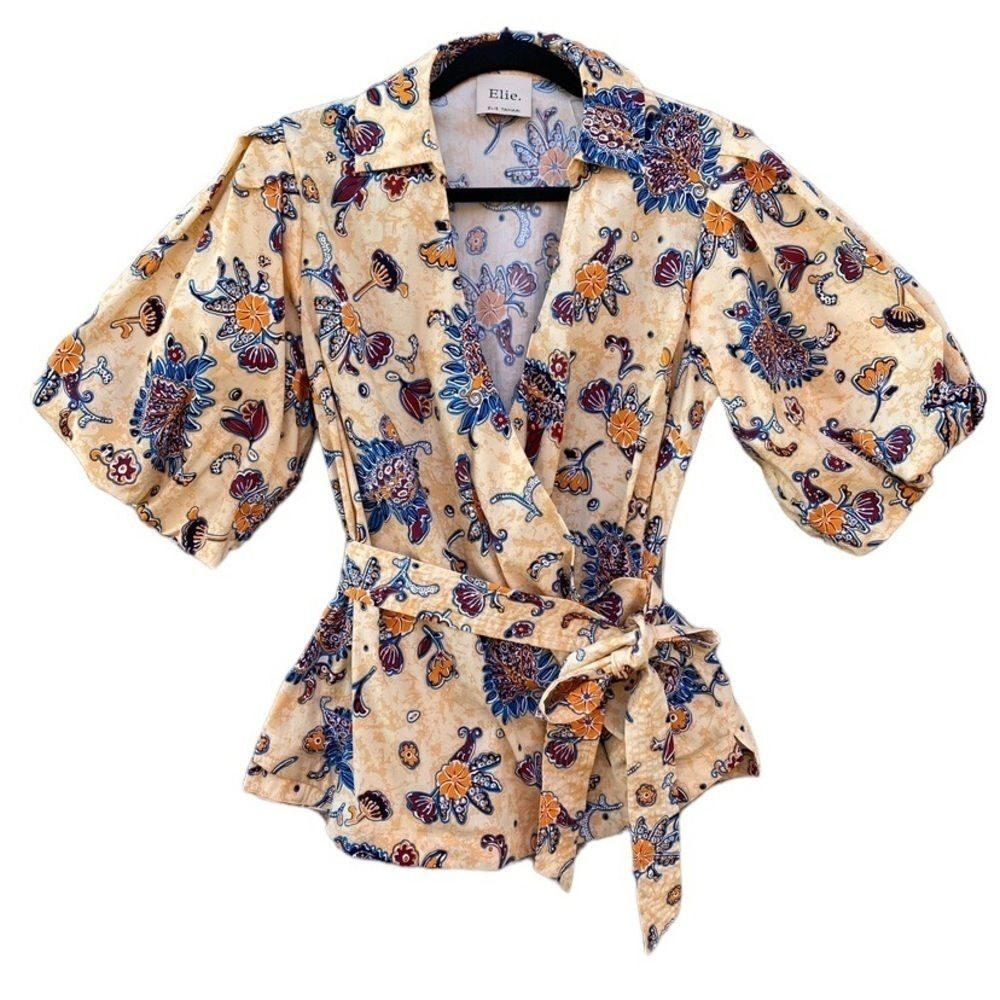 NEW Elie Tahari Faux Wrap Floral Boho Print Puff Sleeve Belted Blouse Sz M